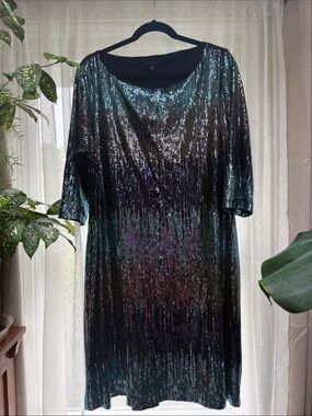 Karen Kane Iridescent Sequin Midi Dress in Black and Teal green and purple ombre